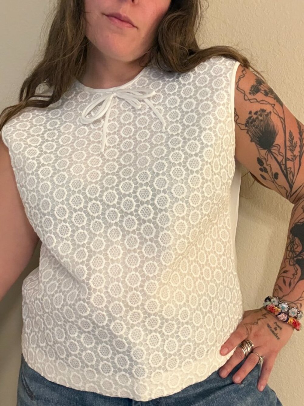 Vintage 60s White Sleeveless Lace Boxy Shell Top M/L